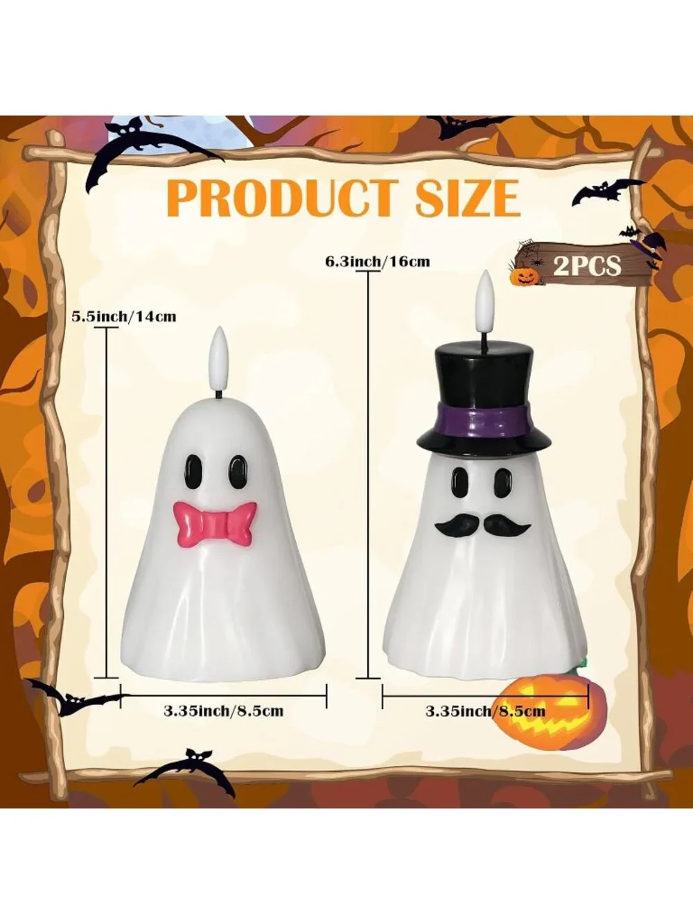 2PCS Halloween Hand Painted Ghost Flameless Candles 6H Timer Real Wax Indoor